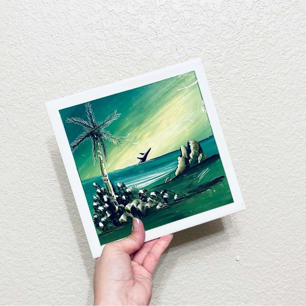 Gorgeous Vibrant Green White Coastal Beach Painting on Ceramic Tile Nautical